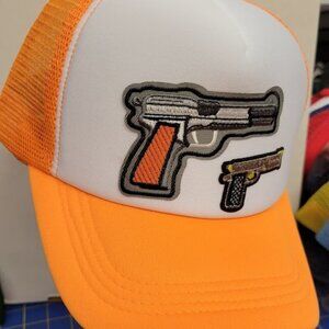Orange Trucker Hat w Applique Patch Guns